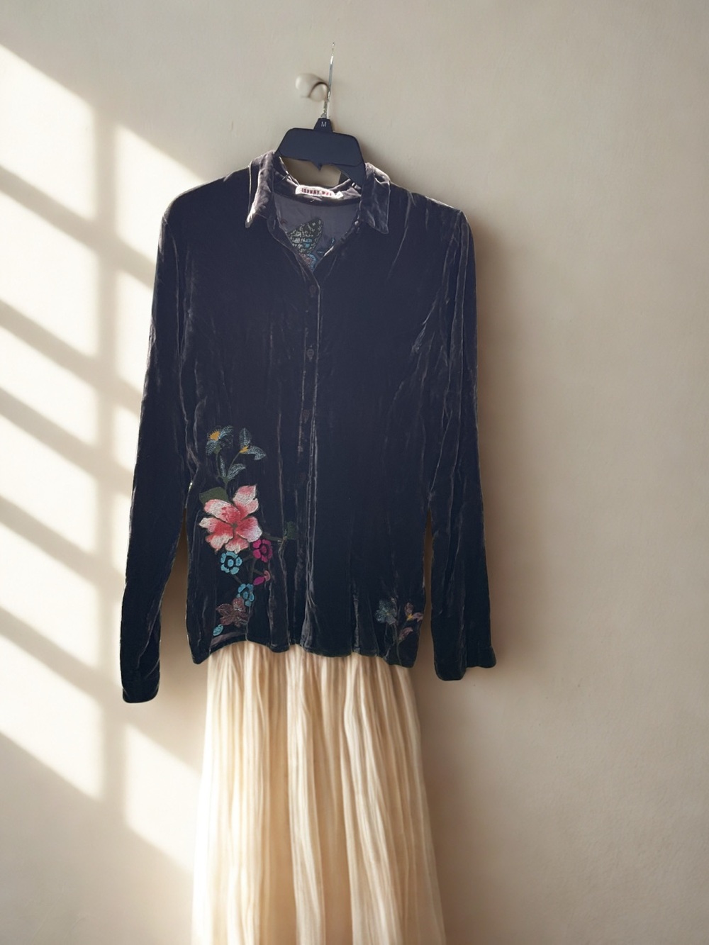 Johnny Was Black Velvet Button-Down with Floral Embroidery